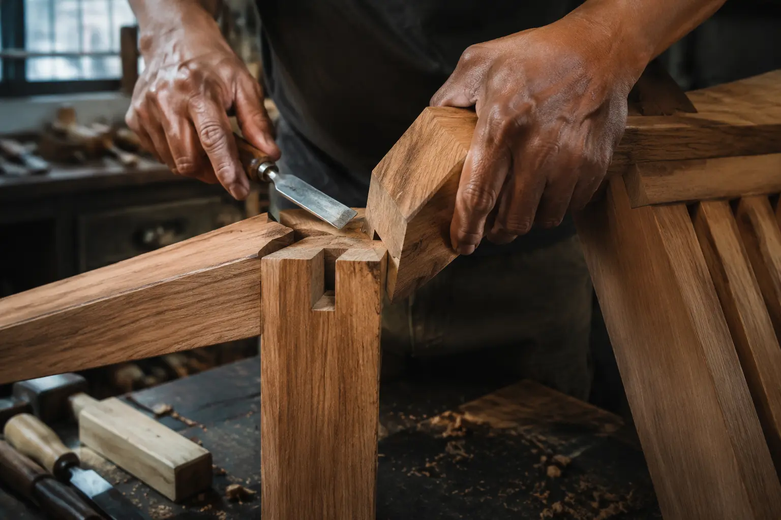 A furniture maker fitting a traditional joint in solid teak