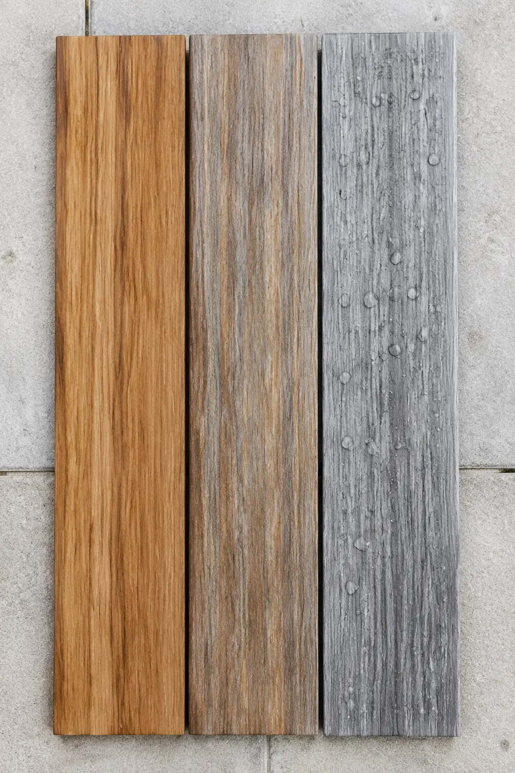 Three teak boards showing new honey colour, early weathering and mature silver patina