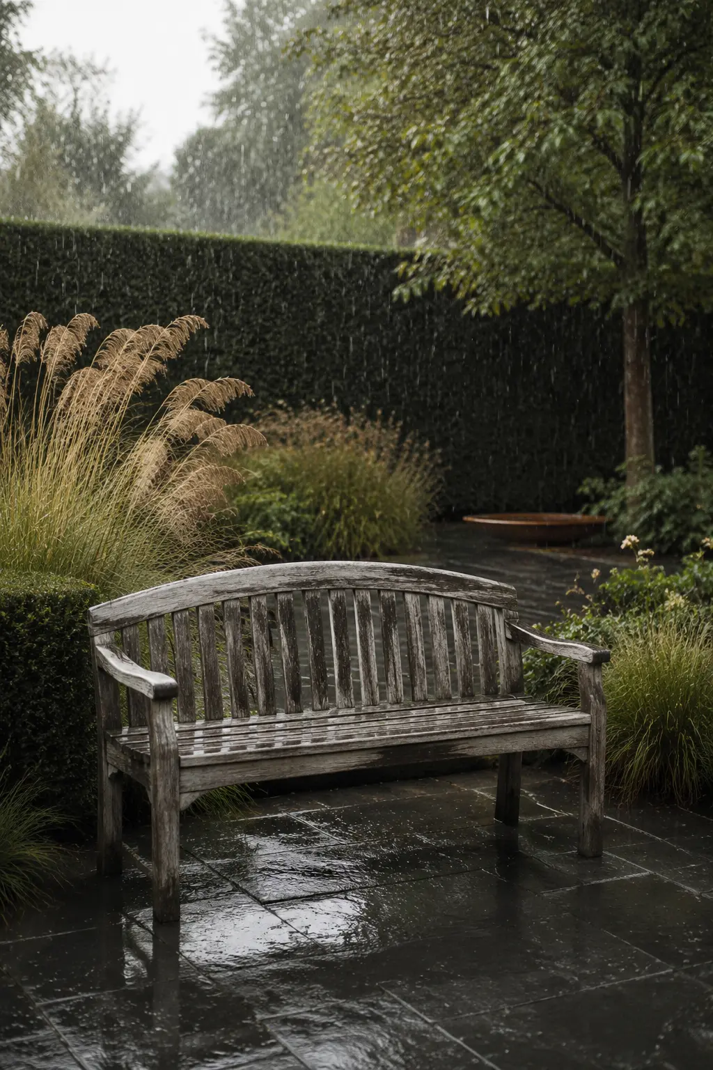 A silver-weathered teak bench standing in a contemporary garden during rain